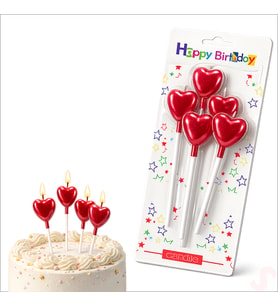 Çubuklu Metalik Kırmızı Kalp Mum - 13 cm x 4 Adet