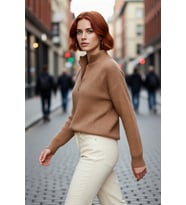 Kadın Oversize Düşük Kol Fermuarlı Dik Yaka Triko Selanik Örgü Basic Uzun Kollu Kazak Kaliteli