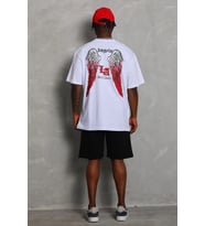 Erkek Kısa Kol Tişört Bisiklet Yaka KANAT Baskılı Oversize T-Shirt - Beyaz