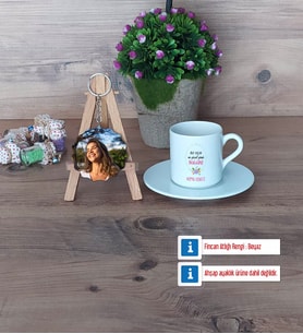 Doğum Günü Hediyesi Türk Kahvesi Fincanı Ahşap Altlıklı ve Fotoğraflı Ahşap Anahtarlık Hediye (Model 2)