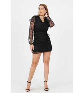 Neşeli butik kadın tül kruvaze yaka yanları büzgülü yeni sezon mini elbise NB10002 (Siyah)