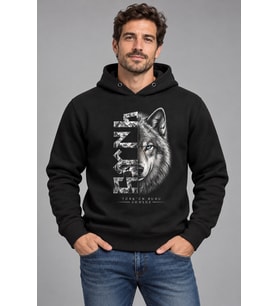 Türkün Ruhu Sonsuz Kurt Baskılı Siyah Kapüşonlu Cepsiz Sweatshirt