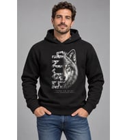 Türkün Ruhu Sonsuz Kurt Baskılı Siyah Kapüşonlu Cepsiz Sweatshirt