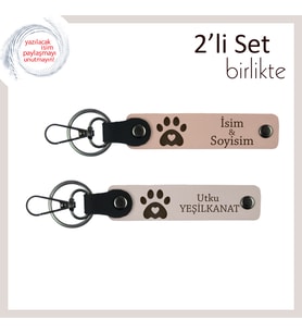 Köpek Sahibi Eşe Uygun Hediyelik, Kalpli Pati Motifli Kişisel Anahtarlık Takımı, Yavru Ağzı-Pudra