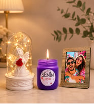 Kişiye Özel Fotoğraflı LED Işıklı Fanus (beyaz melekli) ve Kokulu Cam Mum Hediye Seti