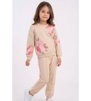 Breeze Kız Çocuk Eşofman Takımı Çiçek Baskılı Pantolonu Çima Dikiş Detaylı 3-7 Yaş, Bej