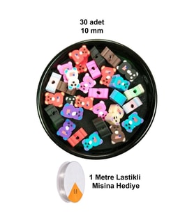 30 Adet 10 mm Polimer Kil Fimo Boncuk Takı Bileklik + 1 Metre Lastikli Misina Hediye - Renkli Ayıcık