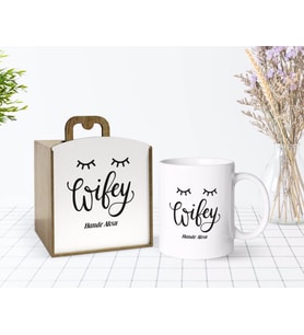 BK Gift Kişiye Özel Ahşap Kutuda Eş Tasarımlı Beyaz Kupa Bardak-1