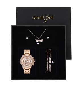 DEEPWELL Rose Renk Kadın Kol Saati Kolye Bileklik Küpe Seti HM08