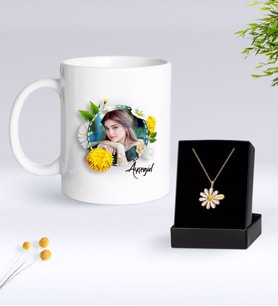 BK Gift Kişiye Özel Papatya Temalı Fotoğraflı Kupa ve Papatya Kolye Seti-2 (Model 1)