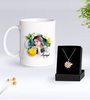 BK Gift Kişiye Özel Papatya Temalı Fotoğraflı Kupa ve Papatya Kolye Seti-2 (Model 1)