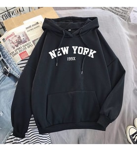 Unisex Siyah New York 199X Baskılı Kapüşonlu Sweatshirt
