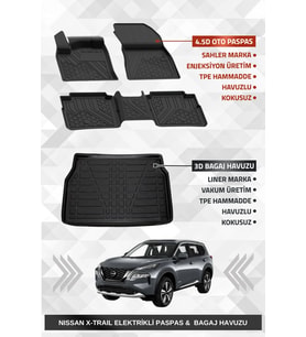 Sahler Nissan X-Trail Elektrikli 2022+ 7 Koltuklu Uyumlu Premium Havuzlu Oto Paspas ve Liner Bagaj Havuzu