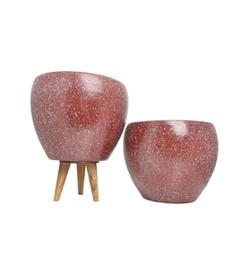 Bitki Tasarımı Bordo Granit Toprak Saksı Saksılık Salon Çiçeklik İkili Set Ayaksız - 3 Ayaklı- 15 CM
