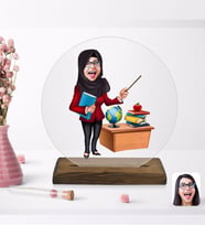 BK Gift Kişiye Özel Tesettürlü Kadın Öğretmen Karikatürlü Yuvarlak Ahşap Standlı Biblo-1