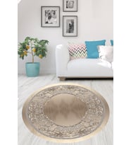 Osmanlı Ayna Desenli Dijital Baskılı Yıkanabilir Kaymaz Taban Yuvarlak Salon Hol Halısı (Vizon)