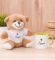 Kişiye Özel İsim Yazılı Minik Kalpli Peluş Ayı ve Yeşil Kupa