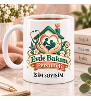 Evde Bakım Personeli Kupa Bardak Ev Kalp ve Stetoskop Desenli