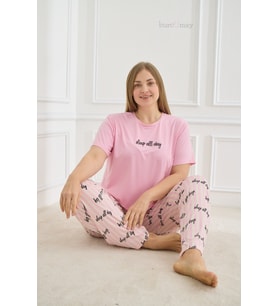 Kadın Büyük Beden Desenli Kısa Kollu Esnek Yumuşak Dokulu Pembe Yazlık Pijama Takımı