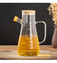 Porsima 401275 Alisa Bambu Kapaklı Borosilikat Ölçekli Cam Yağlık Silikon Tabanlı Dereceli Yağdanlık 900 mL