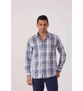 Dufy Mavi Erkek Slim Fit Ekose Desenli Brent Yaka Uzun Kol Gömlek - 84265