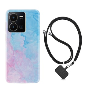 Vivo Y35 Kılıf Resimli Boyun Askılı İpli Desenli Silikon Pink Blue Abstract 1385