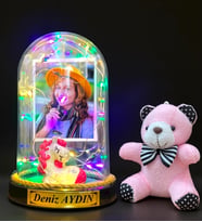 Sizlere Özel Renkli Led Işıklı Biblolu Fanus ve Pembe Peluş Ayıcıklı Anahtarlık (Model 10)