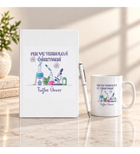 Fen ve Teknoloji Öğretmenine İsme Özel Defter Kalem ve Kupa Hediye Seti