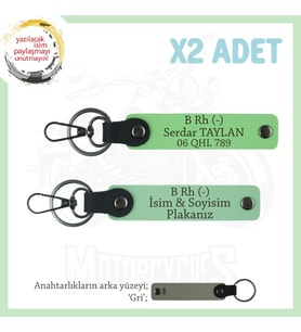 Motosiklet Aşıklarına Özel, İsim Plaka ve B Rh (-) Kan Grubu Yazılı x2 Anahtarlık, Yeşil-F Yeşil-Gr (Çok Renkli)