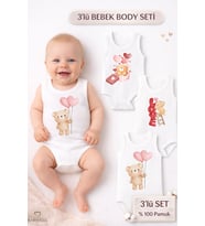 3’lü Bebek Body Seti %100 Pamuk Ayıcık Desenli Sevgililer Günü Bebek Body Kolsuz Çıtçıtlı Zıbın (Beyaz)