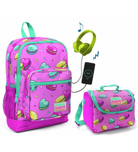 Coral High Makaron Baskılı Okul Çantası ve Beslenme Çantası Seti - Kız Çocuk - USB Soketli