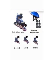 Işıklı Çocuk Pateni Ayarlanılabilir Silikon Tekerli Frenli Metal Gövdeli Paten ve Kask Dizlik Set 34-37 (Mavi)