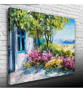 Renkli Çiçekler ve Bahar Manzarası Yağlıboya Kanvas Tablo 50 x 70