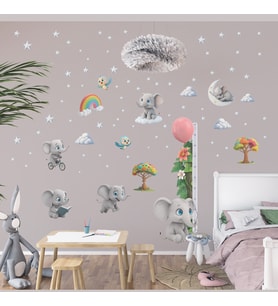FİL Temalı Boy Ölçerli Duvar Sticker Seti  Sökülebilir, Mat Yüzey, Çocuk Odası