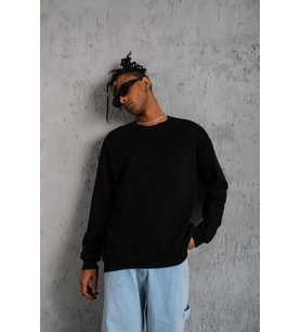 Erkek Bisiklet Yaka Baskılı 3 İplik Pamuklu Sweatshirt - Siyah