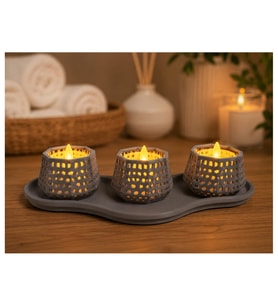 Alvera Dekoratif Mumluk Seti – Desenli Tealight ve Masaüstü Aydınlatma Objesi - Gri