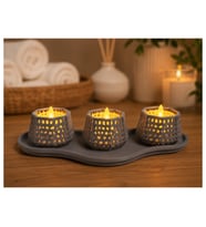 Alvera Dekoratif Mumluk Seti – Desenli Tealight ve Masaüstü Aydınlatma Objesi - Gri