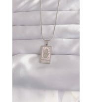 316L Çelik Gümüş Renk Pembe Mineli El Figür Tarot Kolye 5886 - GLST7695-9193