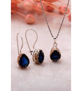 Safir Elişi Gümüş İkili Set 2338-Damla  (Gümüş - Altın)