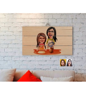 BK Gift Kişiye Özel Anneler Günü Temalı Anne Kız Karikatürlü Otantik Ahşap Palet Tablo-2