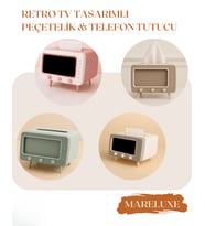 Mareluxe Retro TV Tasarımlı Peçetelik & Telefon Tutucu  Modern Vintage Peçete Box Dekoratif Telefon Standı (Pembe)