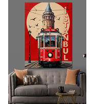 Kırmızı Tramvay İstanbul Galata Dekoratif Kanvas - Mdf Ahşap Tablo