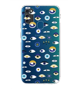 PrintiFy Samsung Galaxy M30S ile Uyumlu Nazar Boncuğu 2 Baskılı Kamera Korumalı Şeffaf Silikon Kılıf