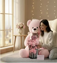 Premium 90 cm Peluş Ayı ve Silindir Kutuda, Kalpli Balonlu 6’lı Pembe Ayıcık Buketi
