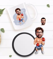 BK Gift Kişiye Özel Erkek Boksör Karikatürlü Beyaz Kupa ve Ahşap Bardak Altlığı Hediye Seti-1