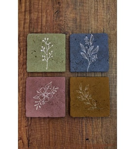Doğal Taş Bardak Altlığı Renkli Çiçek Desenler Baskılı 4'lü Set - Stone Coasters
