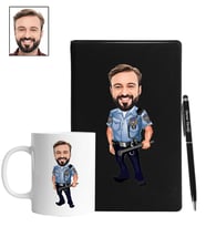 Kişiye Özel Polis Tasarımlı Karikatür Siyah Defter Kalem Kupa Seti 119