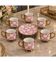 Pembe Desenli Gold Detaylı 6 Kişilik 12 Parça Kahve Fincan Takımı