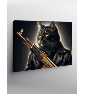 Kanvas Tablo Silahlı Kara Kedi Figürü