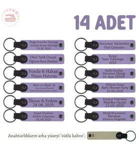 Mevlit Hatırası İçin Üzerinde İsim Yazılabilen Hediyelik Anahtarlık 14’lü Set, Mor Menekşe & S Kahve (Lila - Mor)